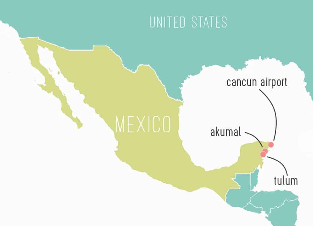 Map Of Mexico With Tulum Akumal Cancun Labeled