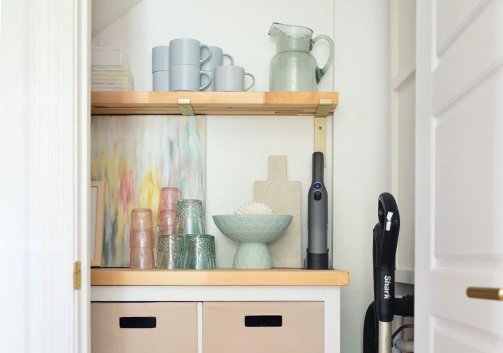 Detail of Utility Closet With Pretty Butcher Block Shelving