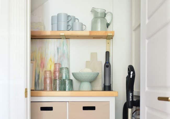 Detail of Utility Closet With Pretty Butcher Block Shelving