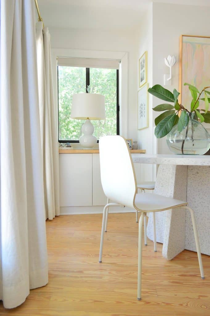 Ikea Besta Storage Behind Terrazzo Table In Bedroom