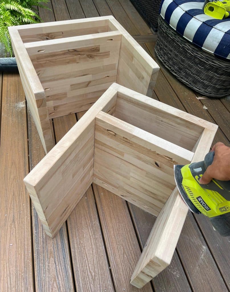 Sanding DIY Butcher Block Nightstands With Mouse Sander