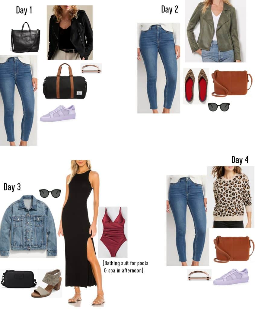 Grid of Day 1 through Day 4 outfits with different combos of jeans tops jackets shoes and purses