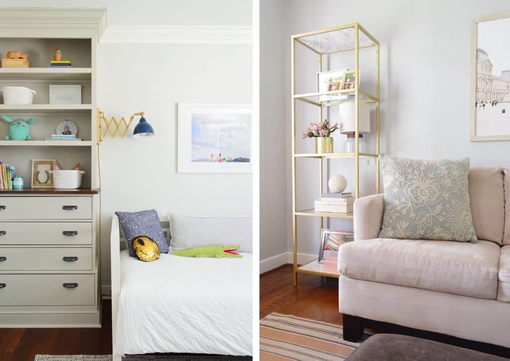 Side-by-side Ikea Hack built-in bookshelves and spray-brass glass shelves