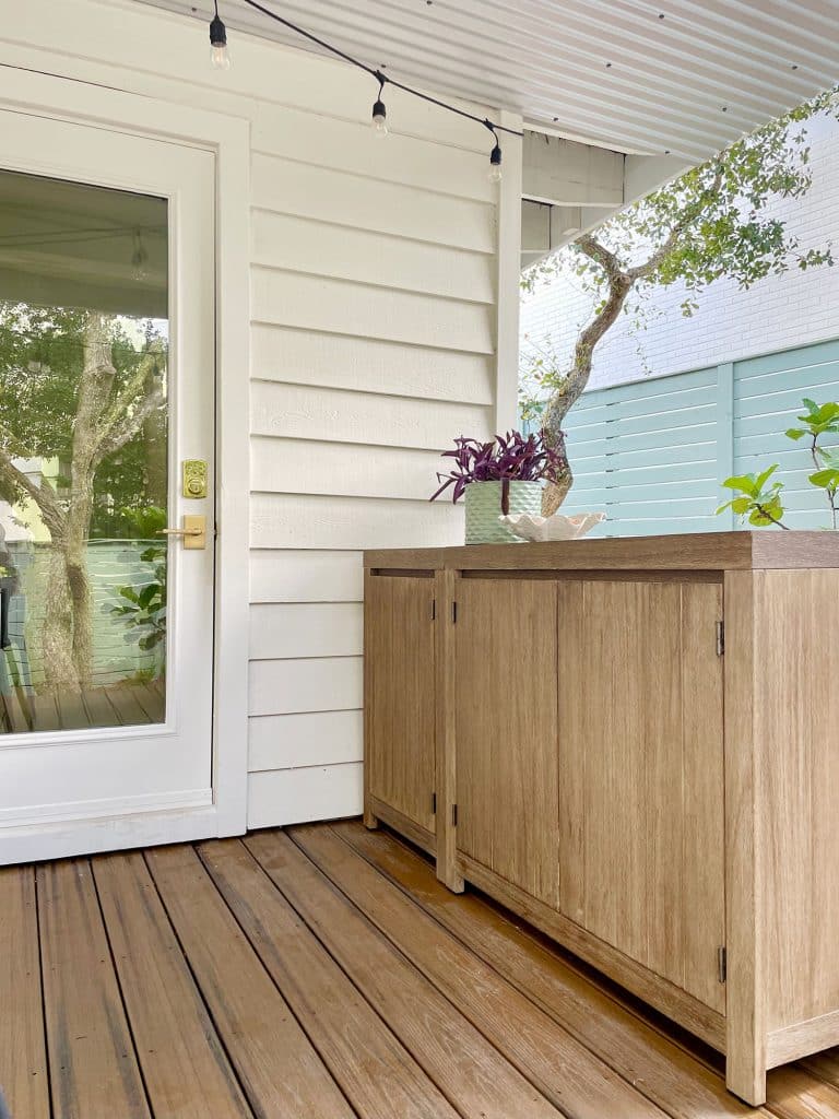 Close Up Of West Elm Portside Outdoor Cabinets Placed Outside Kitchen Door