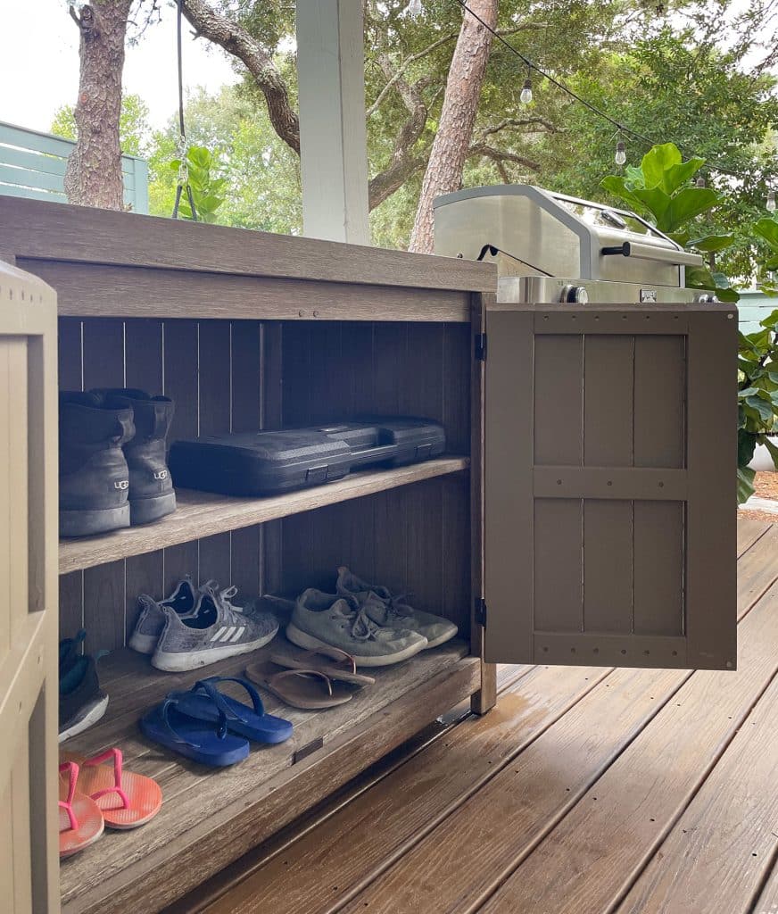 West Elm Portside Outdoor Cabinet Open To Show Shoe Storage