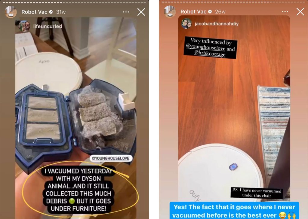 Screenshots from Instagram Highlight Reel About Robot Vac