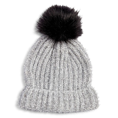 Gray Winter Beanie Hat With Faux Fur Pom On Top