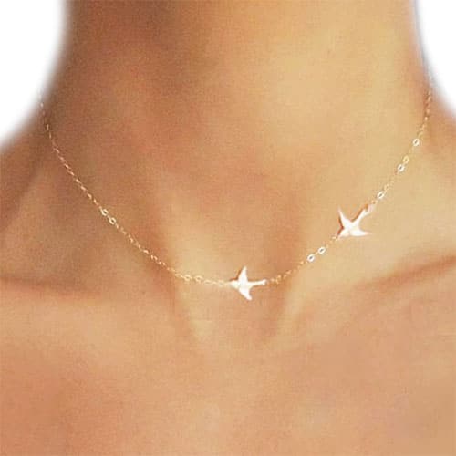 Small Bird Necklace Around Neck With Two Gold Swallow Charms