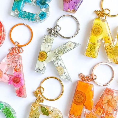 Resin Monogram Keychains With Flowers