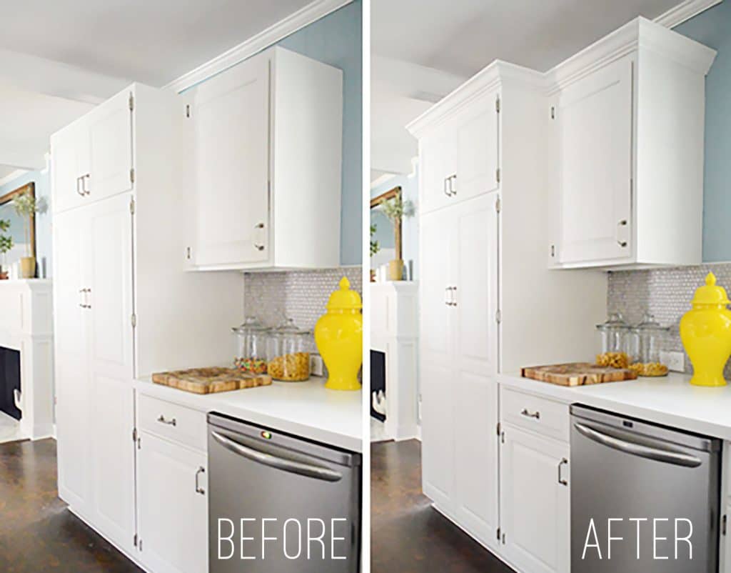 Side-by-side before & after of white kitchen cabinets during crown molding installation