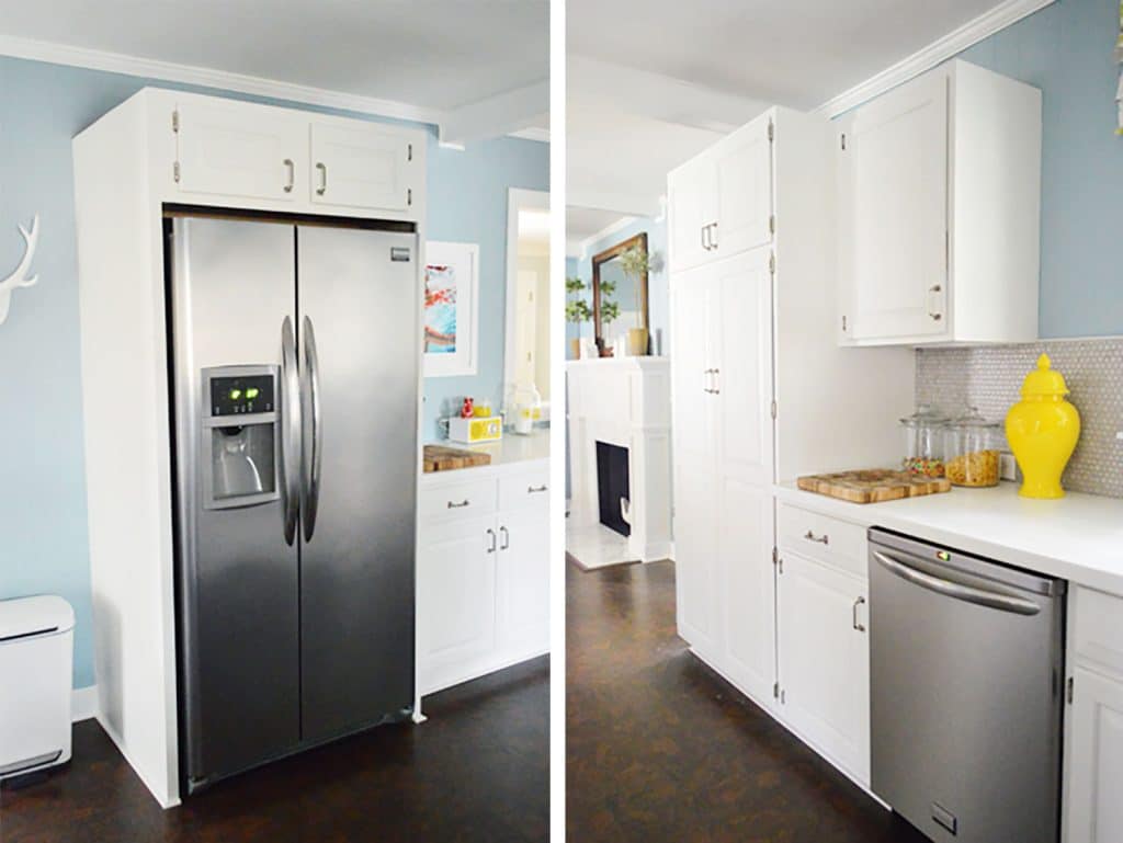 Side By Side of White Kitchen Cabinets Without Any Crown Molding On The Uppers