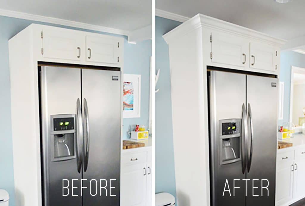 Side-by-side before & after of white refrigerator cabinets during crown molding installation