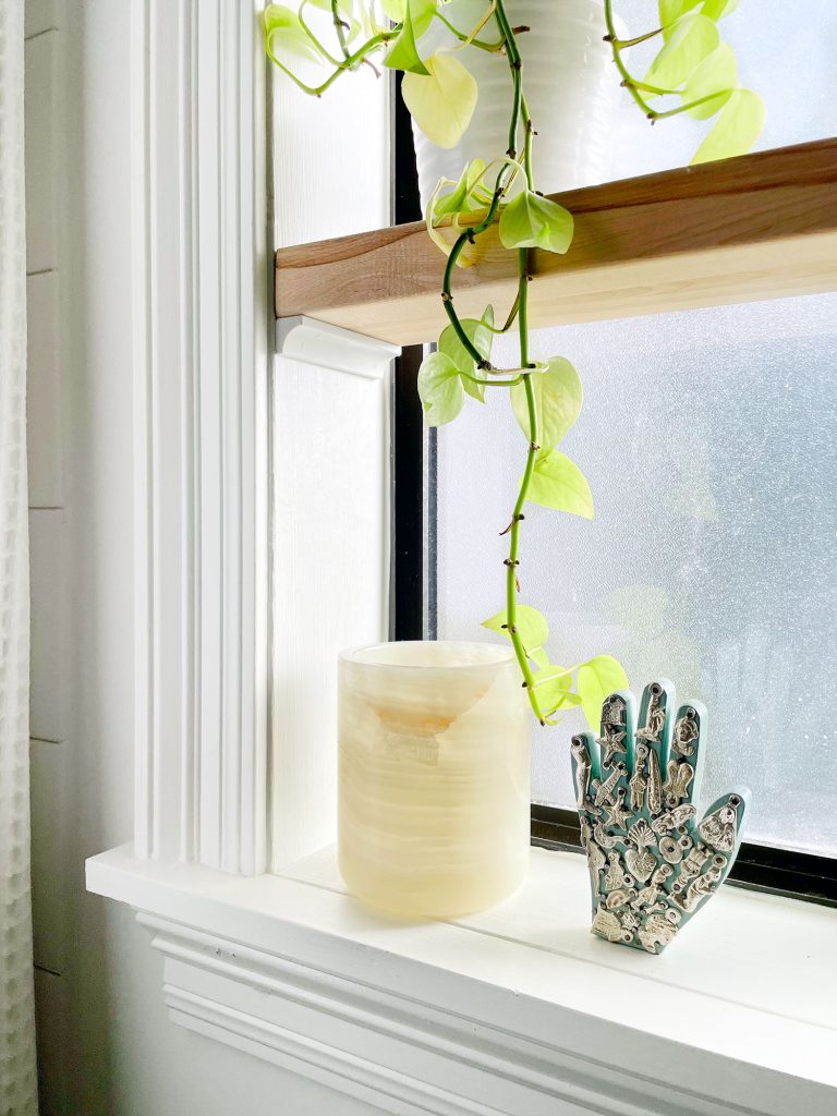 Right Side Of Bathroom Shelf In Window Made With Butcher Block