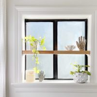 Frosted Bathroom Window With Floating Wood Shelf In Sill