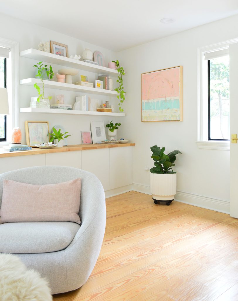 Corner View Of Bedroom With Ikea Display Shelves Floating Above Butcher Block Counter