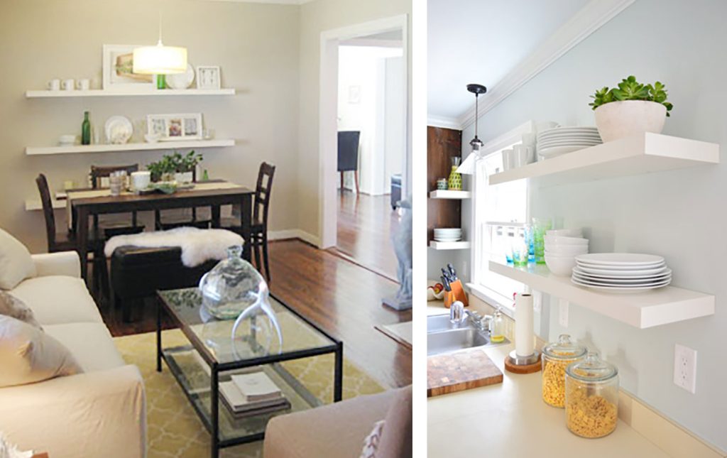 Side by Side of White Ikea Lack Shelves In Dining Room And Kitchen