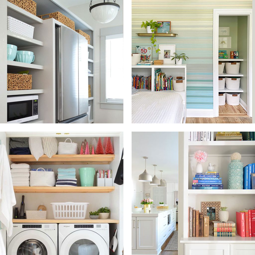 A grid of four shelf projects built into the pantry laundry shelf