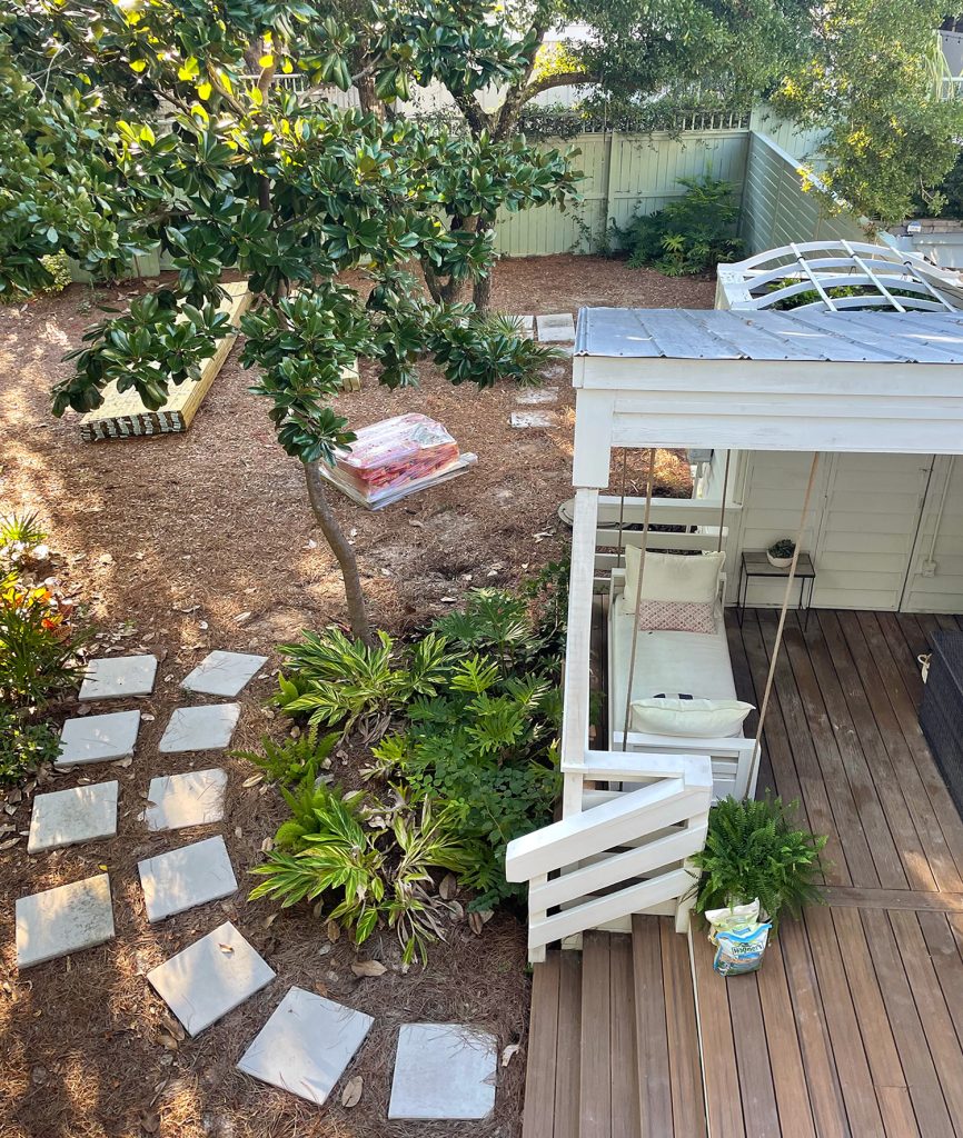 View Of Yard From Above With Old Fence Location And Pavers Moved