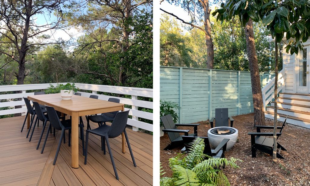 Upper Deck Dining Table And Downstairs Fire Pit In Yard