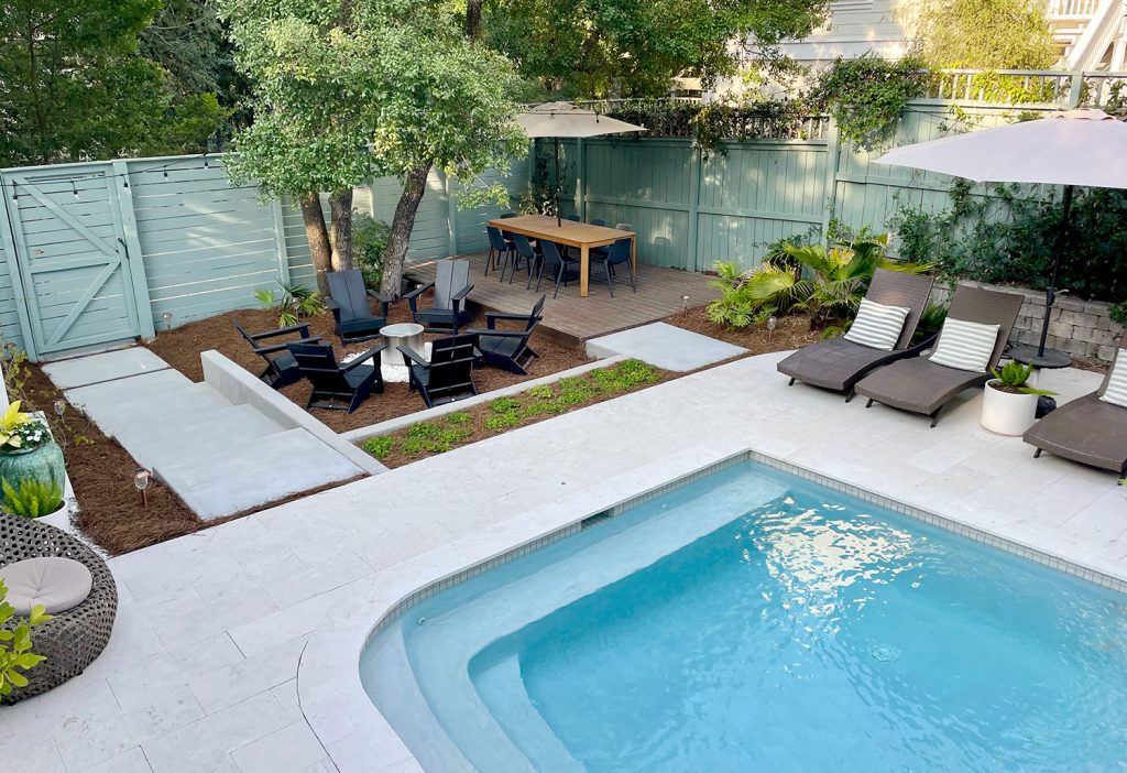 Overhead View Of Larger Backyard Pool Area With Lounge And Dining Area