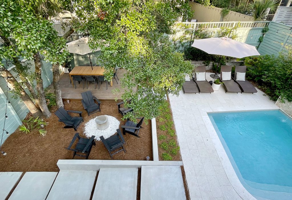 Overhead View Of Backyard Straight On With Large Concrete Paver Stones