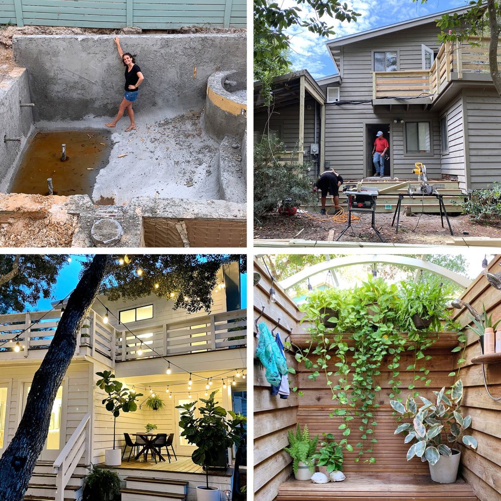 Grid of Four Images Pool Under Construction Exterior Of House Getting Painted FInished Porch With Lights and Outdoor Shower With Plants