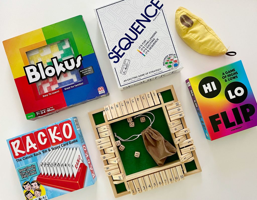 Favorite Easy To Learn Board Games Blokus Sequence Bananagrams Racko Shut The Box Hi Lo Flip