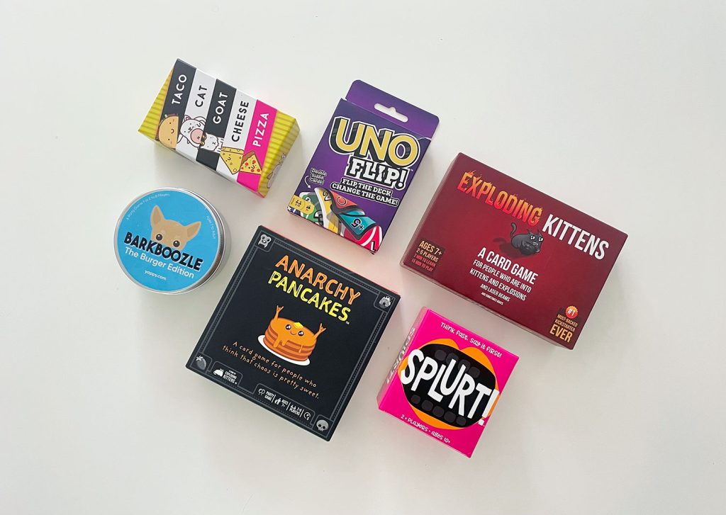 Favorite Travel Board Games Splurt Uno Flip Anarchy Pancakes Taco Cat Goat Cheese Pizza Barkboozled Exploding Kittens