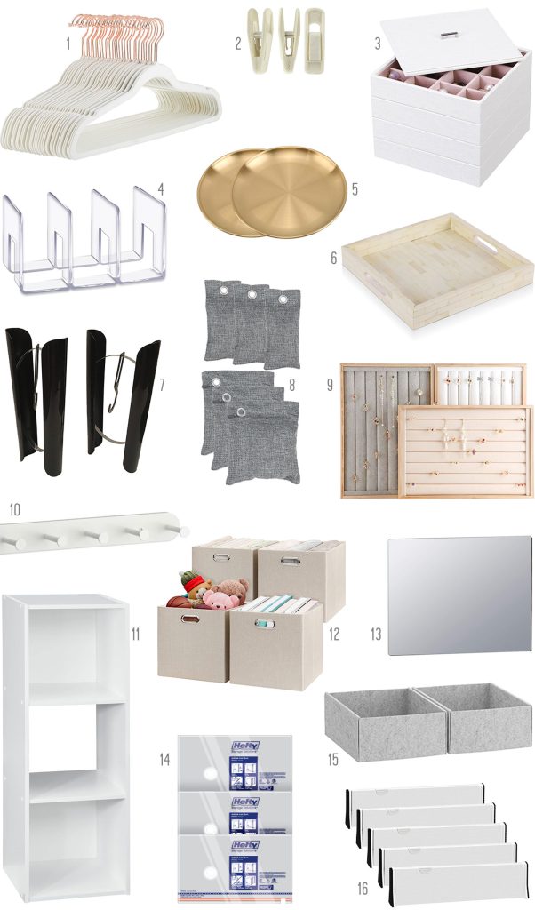 Moodboard of products used in organizing Ikea Pax Closets