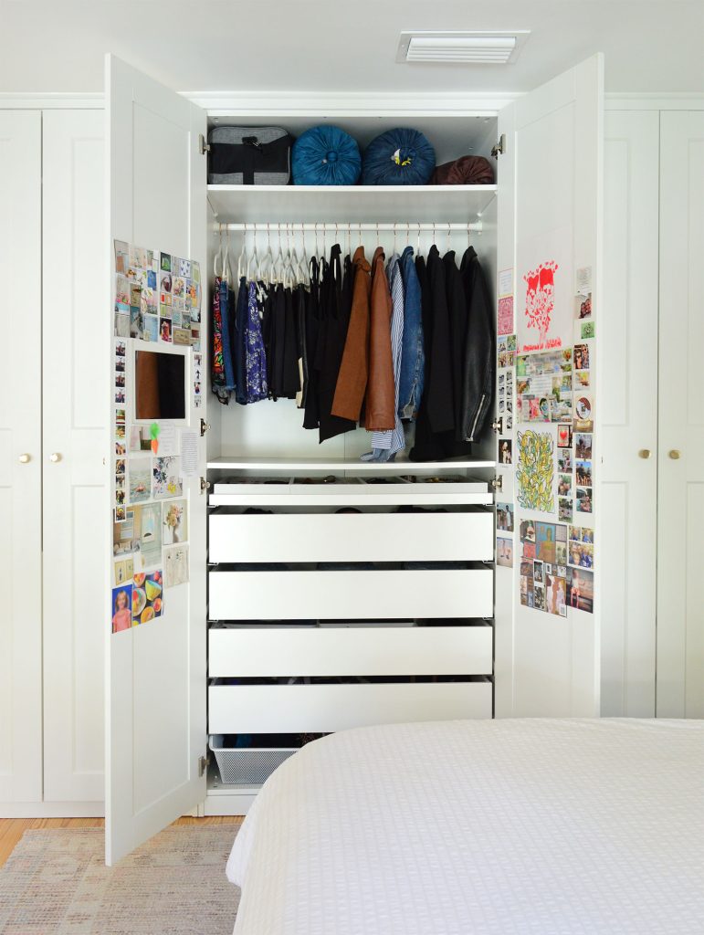 Open Ikea Pax Closet Wardrobe With Womens Clothing Hanging Bar