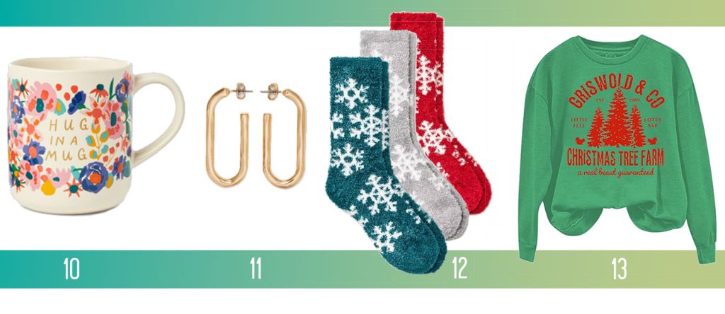 Affordable Holiday Gifts Ideas Hug In A Mug Gold Earrings Cozy Socks Griswold Sweatshirt