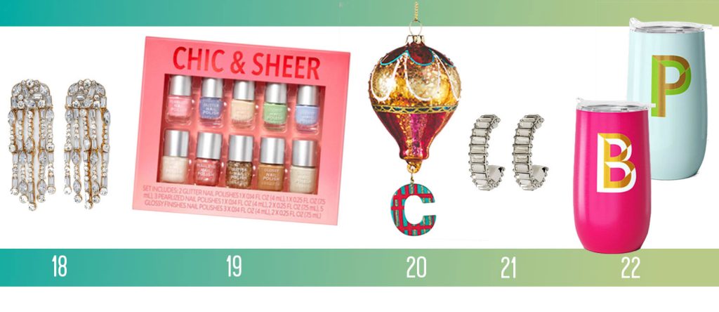 Affordable Holiday Gifts Ideas Earrings Nail Polish Kit Hot Air Balloon Ornament Monogramed Tumbler Mugs