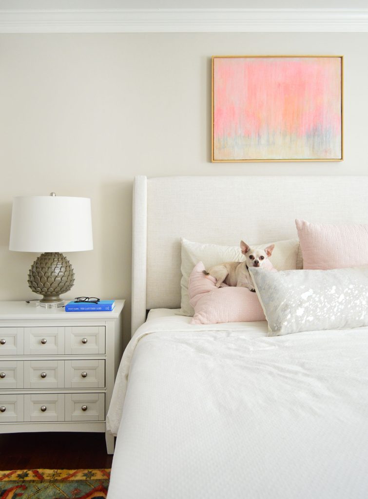 Detail of Upholstered Headboard With Edgecomb Gray Walls and Chihuahua