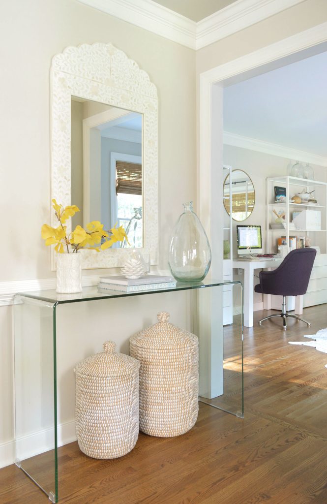 Foyer Console With Large Mirror And Edgecomb Gray Paint On Walls