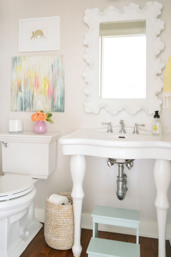 Half bathroom with console sink and Edgecomb Gray Walls