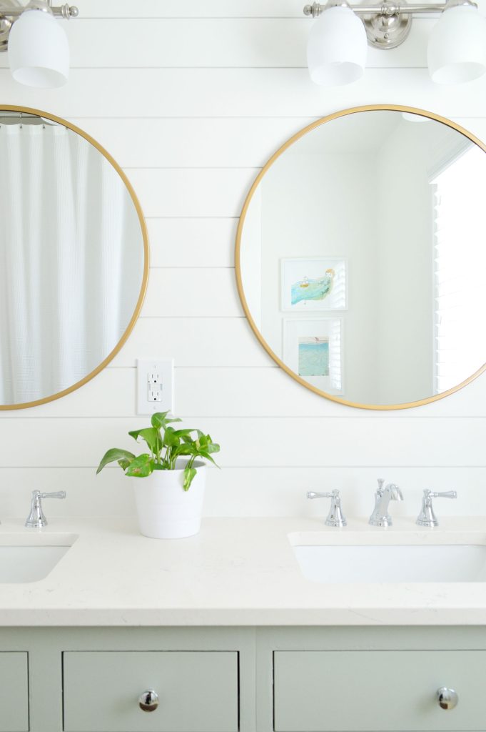 Shiplap Bathroom With Green Cabinets Round Gold Mirrors Extra White Walls