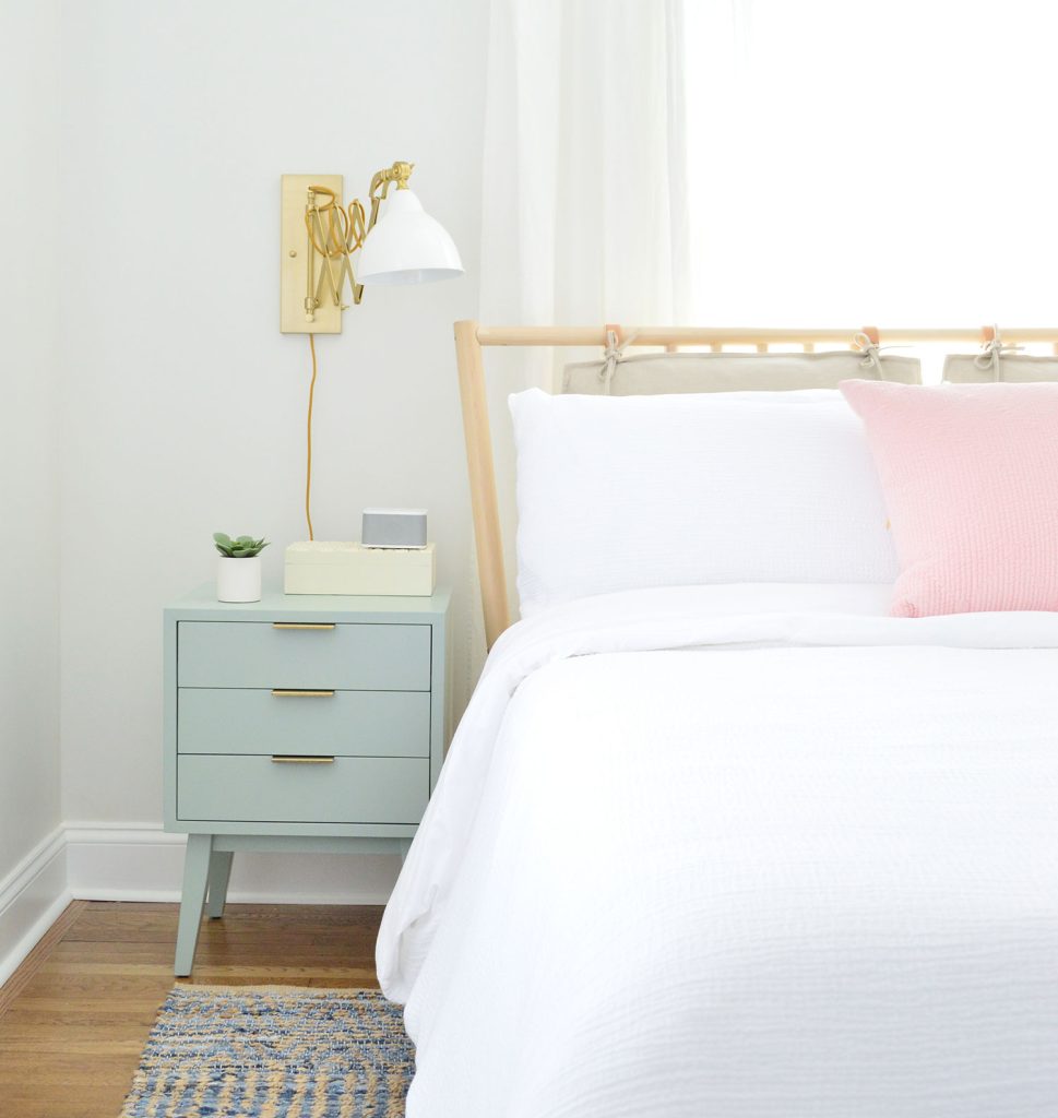 Ikea Wood Bed With Mint Color Nighstand In Beachy Bedroom
