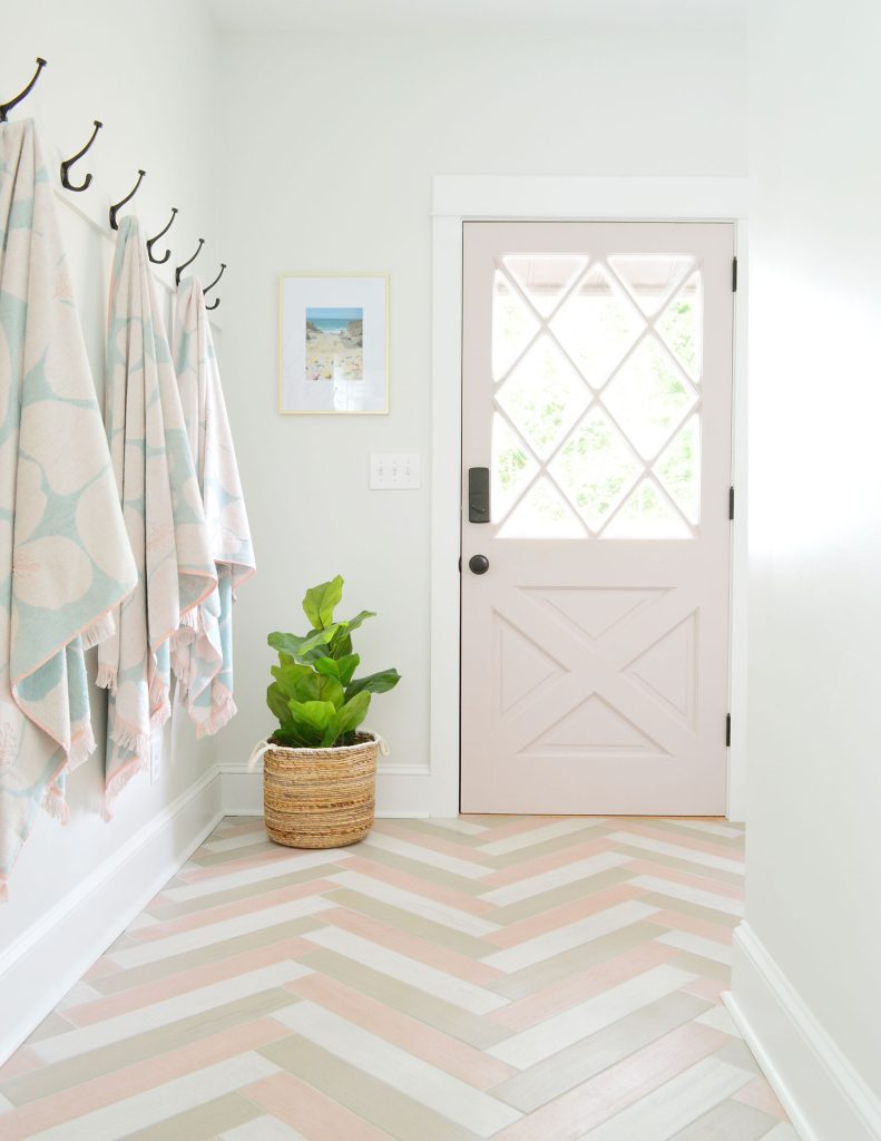 Colorful Pink Mudroom With Pattern Tile Floors Spare White Walls Sherwin Williams Extra White Trim