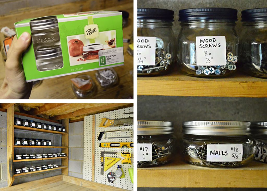 Collage of mason jar storage in shed to contain nails and screws