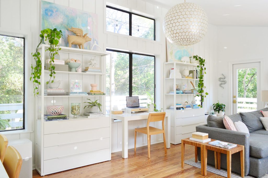 Living Room With Plant Shelves And Sherwin Williams Pure White Paint