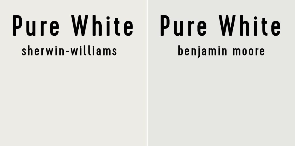Side by side of Sherwin-Williams Pure White and Benjamin Moore Pure White