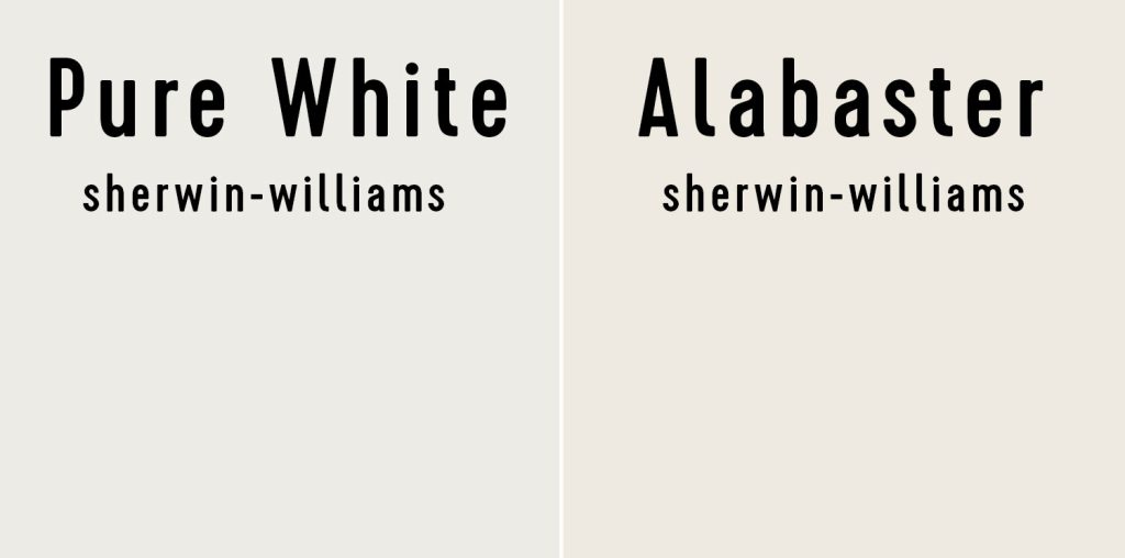 Side by side of Sherwin-Williams Pure White and Sherwin Williams Alabaster