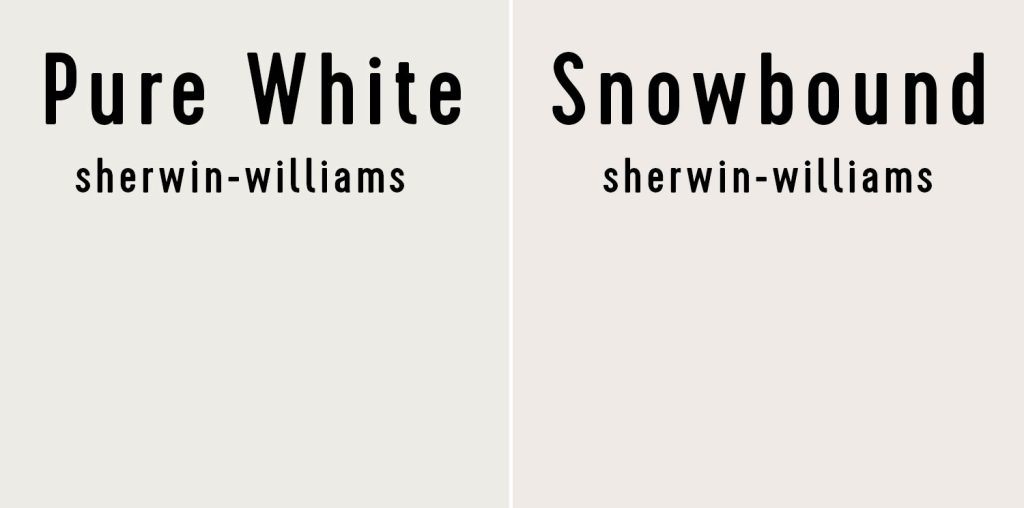 Side by side of Sherwin-Williams Pure White and Snowbound