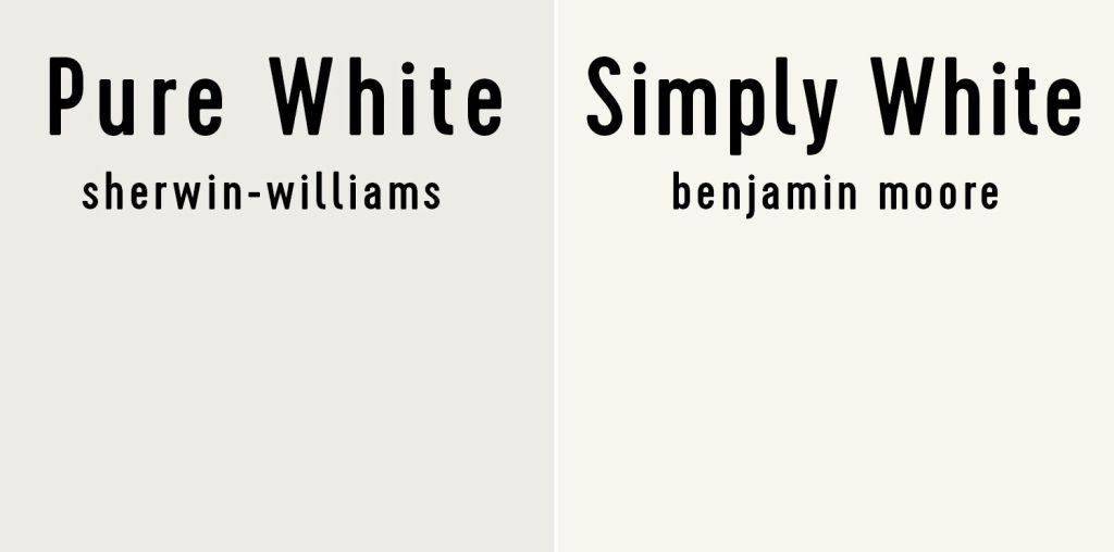Side by side of Sherwin-Williams Pure White and Benjamin Moore Simply White