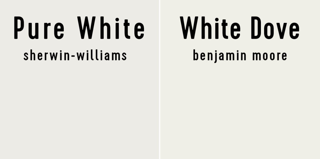 Side by side of Sherwin-Williams Pure White and Benjamin Moore White Dove