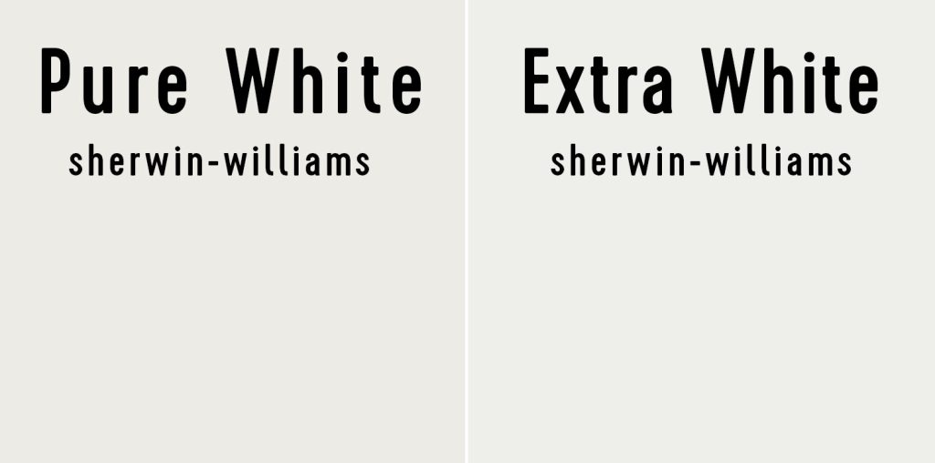 Side by side of Sherwin-Williams Pure White and Benjamin Moore Extra White