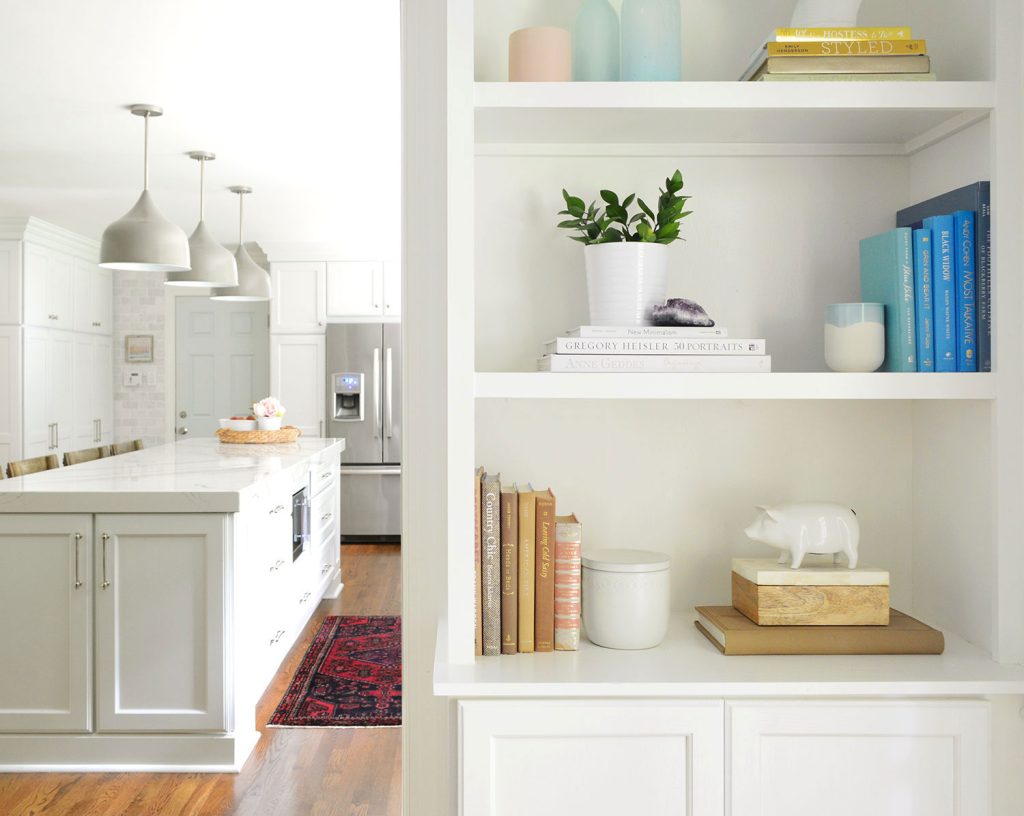 Close Up Of DIY Built In Bookshelf Painted Simply White by Benjamin Moore