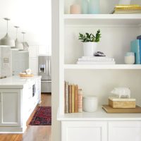 Close Up Of DIY Built In Bookshelf Painted Simply White by Benjamin Moore