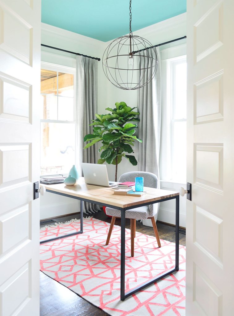 Simply White Modern Home Office Blue Ceiling