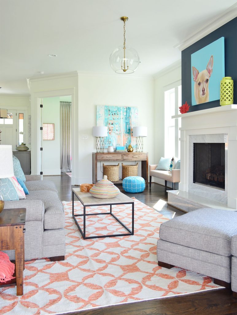 Colorful Modern Living Room With Benjamin Moore Simply White Walls